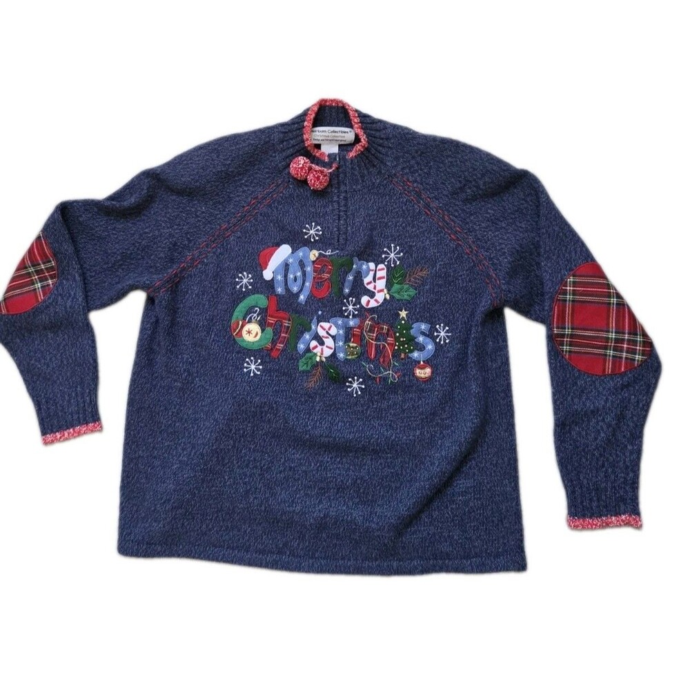 Heirloom Collectibles Merry Christmas Navy Tartan Patch Sweater Size M EUC